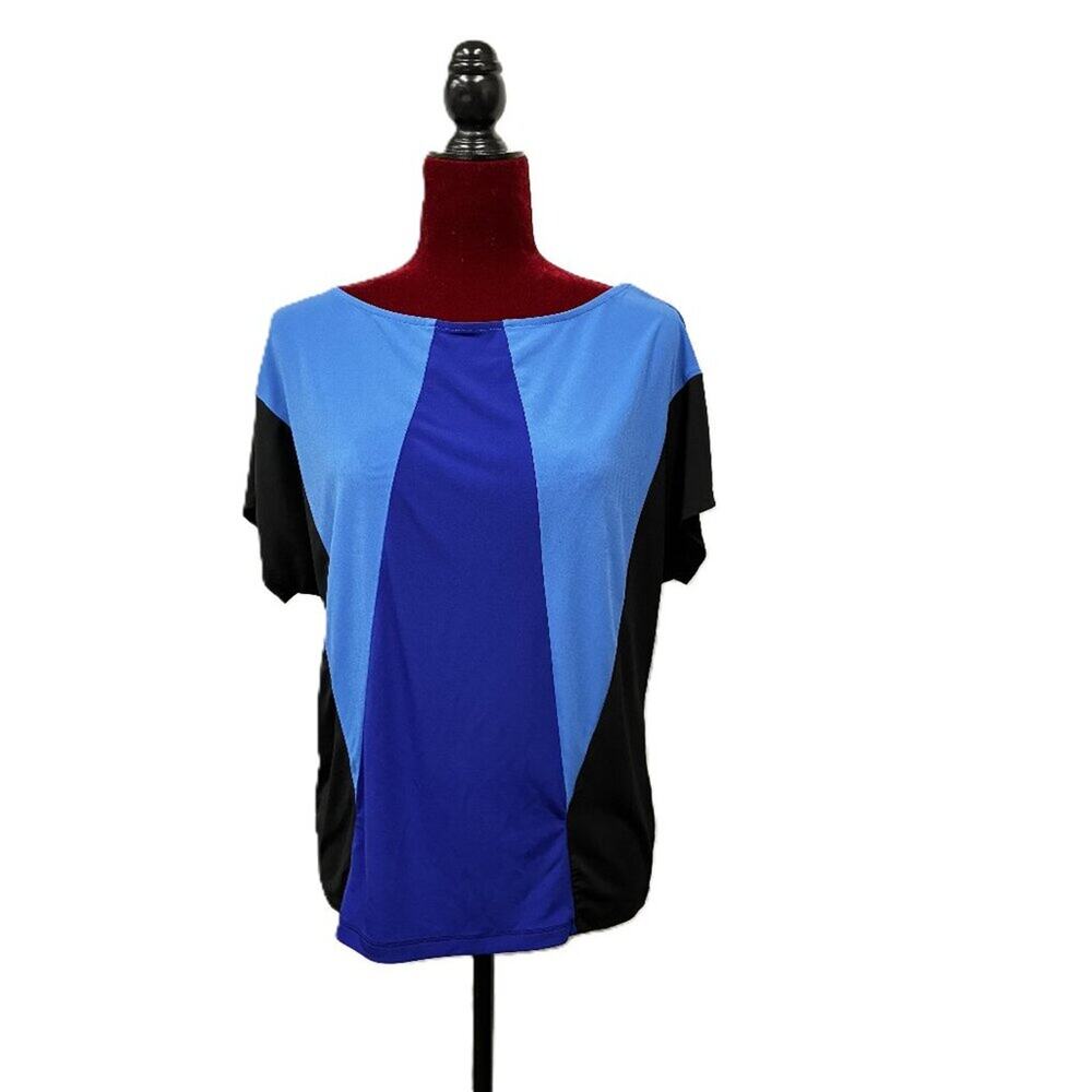 Worthington Petite PM Color Block Short Sleeve Top - Blue & Black Geometric Desi